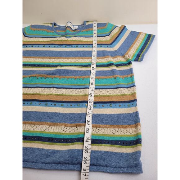 Alfred Dunner Short Sleeve Top Blue Tan Striped Embellished Knit Women's Size 1X - Picture 4 of 10